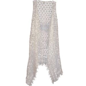 Cato Boho Crochet Long Vest w/Floral Pattern Sleeveless Lace Cardigan SZ M WHT